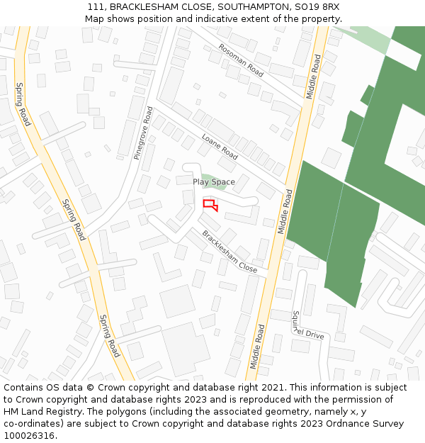 111, BRACKLESHAM CLOSE, SOUTHAMPTON, SO19 8RX: Location map and indicative extent of plot