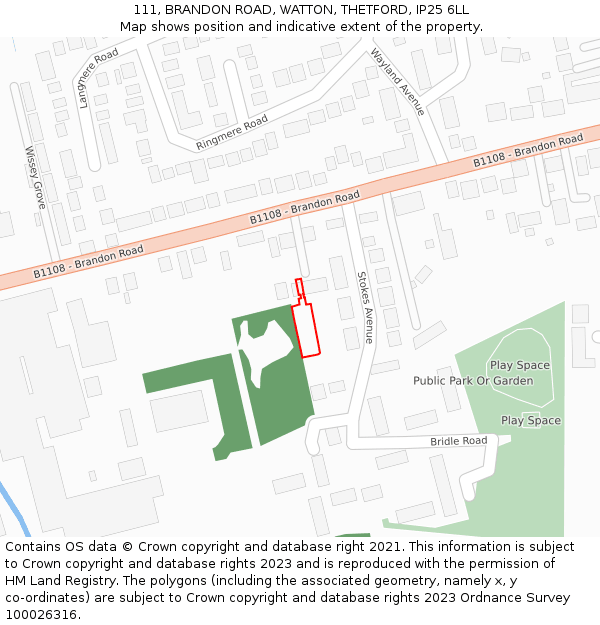 111, BRANDON ROAD, WATTON, THETFORD, IP25 6LL: Location map and indicative extent of plot