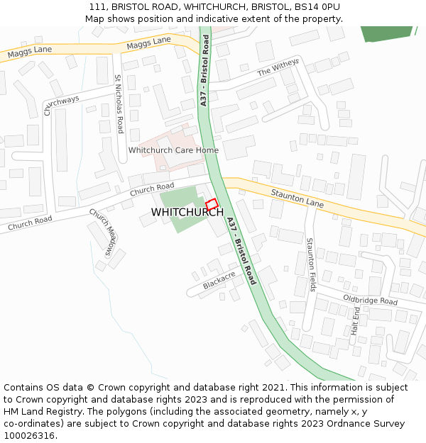 111, BRISTOL ROAD, WHITCHURCH, BRISTOL, BS14 0PU: Location map and indicative extent of plot
