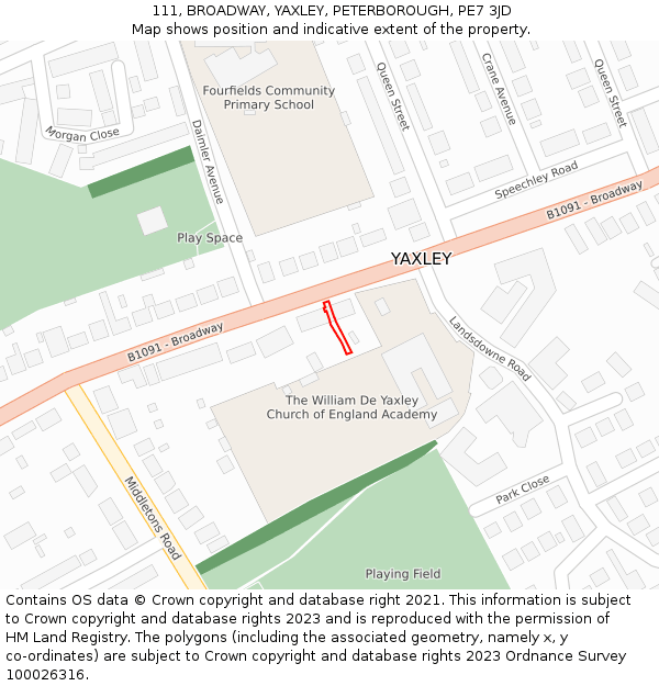 111, BROADWAY, YAXLEY, PETERBOROUGH, PE7 3JD: Location map and indicative extent of plot