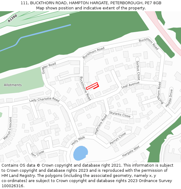 111, BUCKTHORN ROAD, HAMPTON HARGATE, PETERBOROUGH, PE7 8GB: Location map and indicative extent of plot