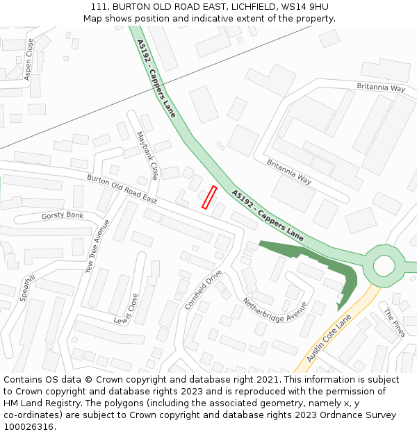 111, BURTON OLD ROAD EAST, LICHFIELD, WS14 9HU: Location map and indicative extent of plot
