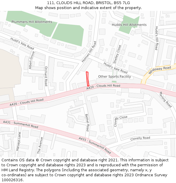 111, CLOUDS HILL ROAD, BRISTOL, BS5 7LG: Location map and indicative extent of plot