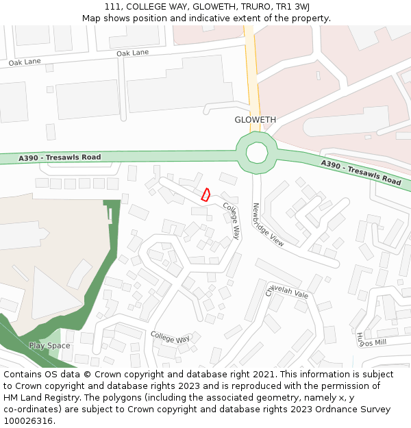 111, COLLEGE WAY, GLOWETH, TRURO, TR1 3WJ: Location map and indicative extent of plot