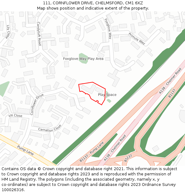 111, CORNFLOWER DRIVE, CHELMSFORD, CM1 6XZ: Location map and indicative extent of plot
