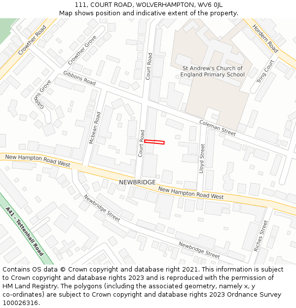 111, COURT ROAD, WOLVERHAMPTON, WV6 0JL: Location map and indicative extent of plot