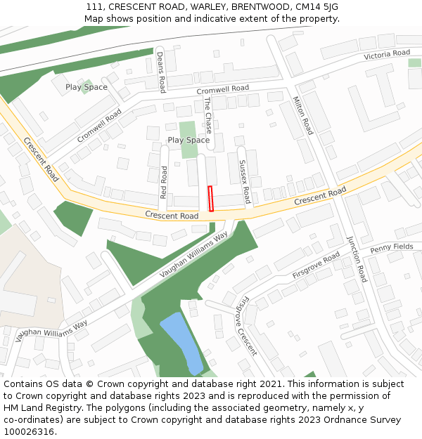 111, CRESCENT ROAD, WARLEY, BRENTWOOD, CM14 5JG: Location map and indicative extent of plot