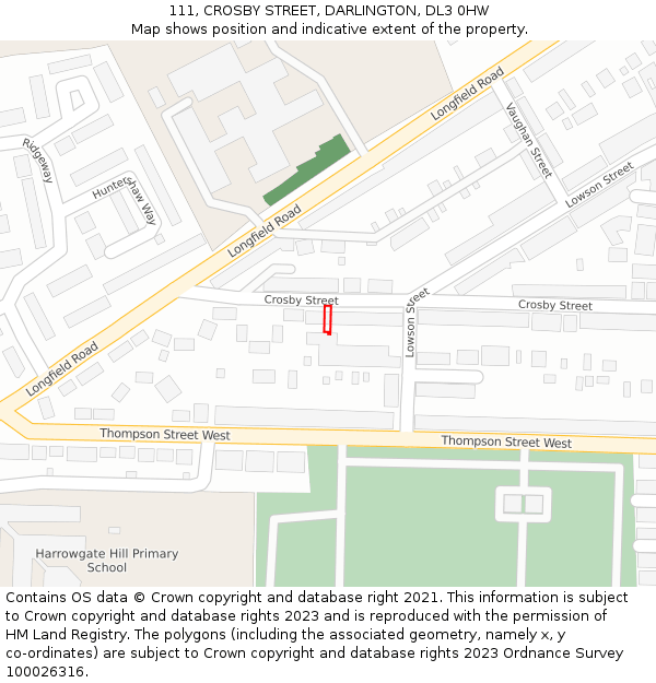111, CROSBY STREET, DARLINGTON, DL3 0HW: Location map and indicative extent of plot