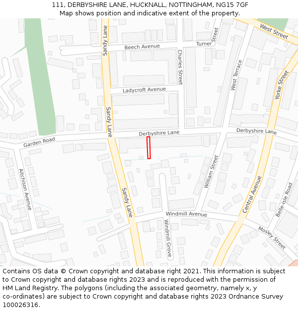 111, DERBYSHIRE LANE, HUCKNALL, NOTTINGHAM, NG15 7GF: Location map and indicative extent of plot