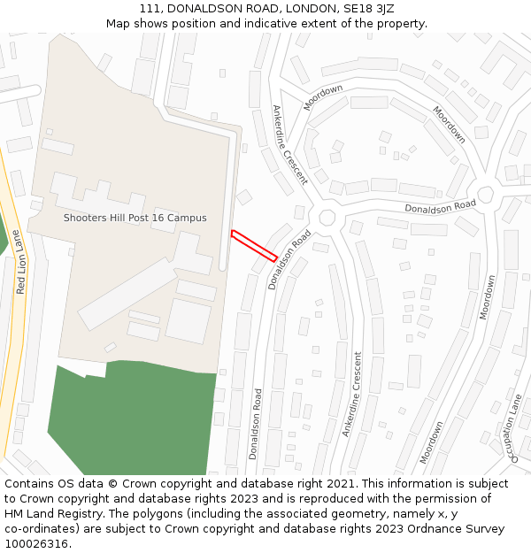 111, DONALDSON ROAD, LONDON, SE18 3JZ: Location map and indicative extent of plot