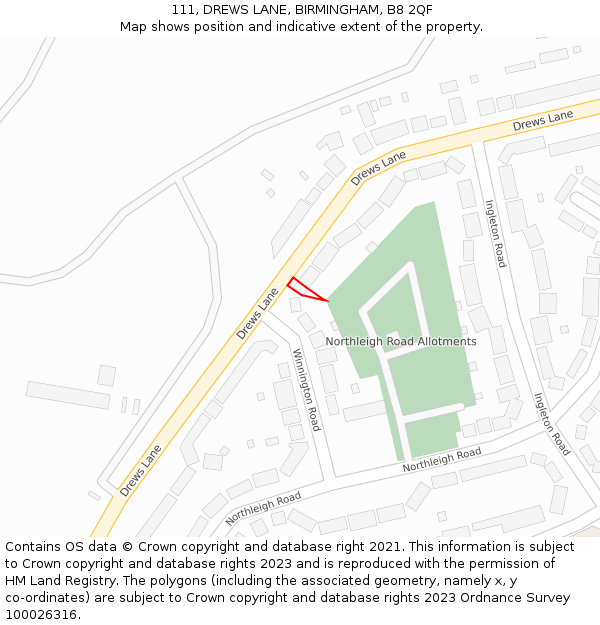 111, DREWS LANE, BIRMINGHAM, B8 2QF: Location map and indicative extent of plot
