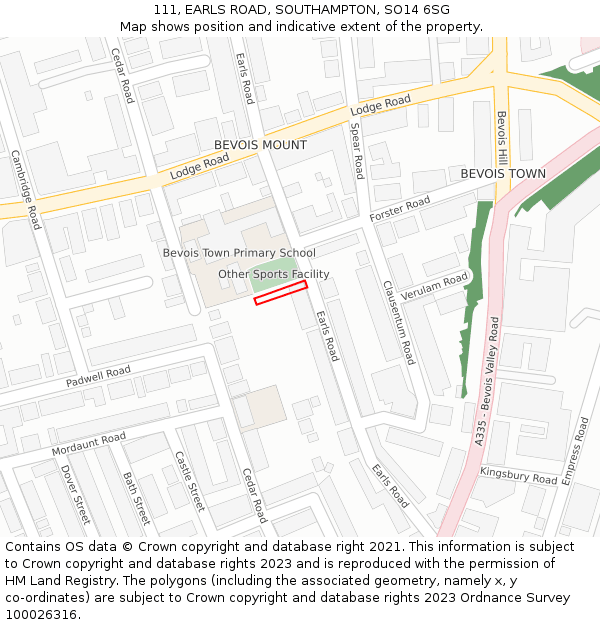 111, EARLS ROAD, SOUTHAMPTON, SO14 6SG: Location map and indicative extent of plot