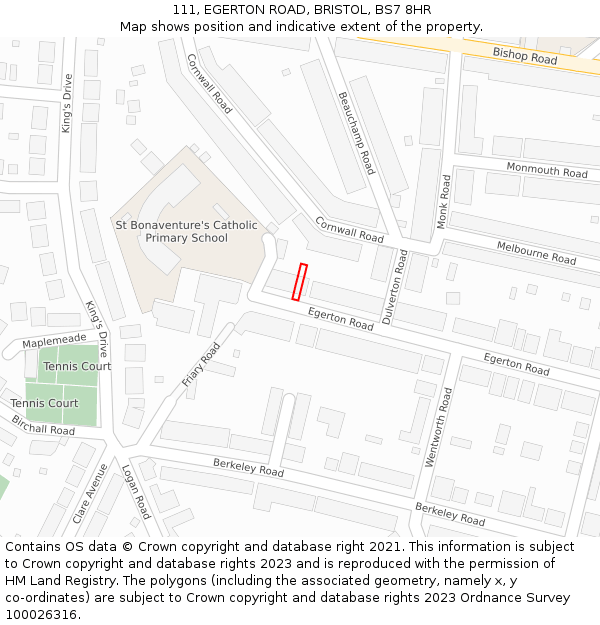 111, EGERTON ROAD, BRISTOL, BS7 8HR: Location map and indicative extent of plot