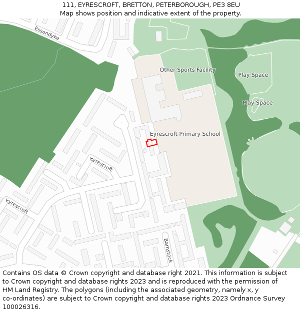 111, EYRESCROFT, BRETTON, PETERBOROUGH, PE3 8EU: Location map and indicative extent of plot