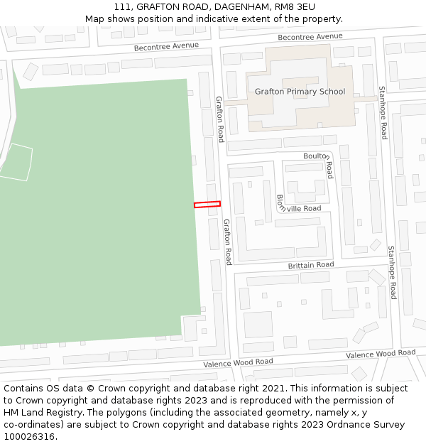 111, GRAFTON ROAD, DAGENHAM, RM8 3EU: Location map and indicative extent of plot