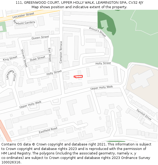 111, GREENWOOD COURT, UPPER HOLLY WALK, LEAMINGTON SPA, CV32 4JY: Location map and indicative extent of plot