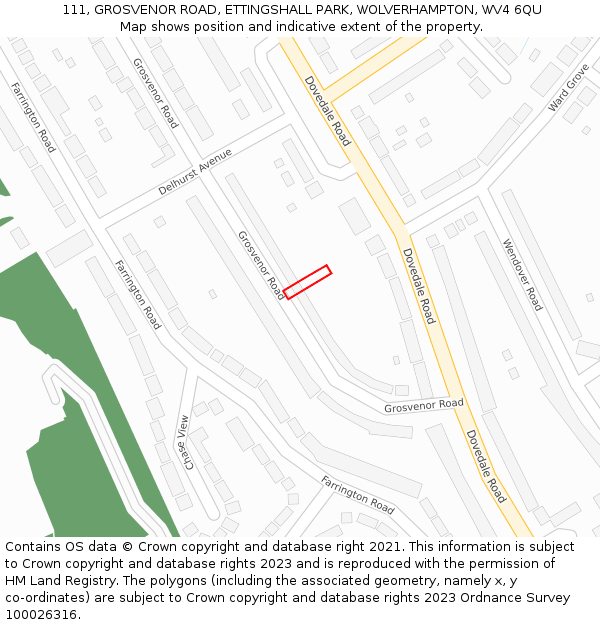 111, GROSVENOR ROAD, ETTINGSHALL PARK, WOLVERHAMPTON, WV4 6QU: Location map and indicative extent of plot