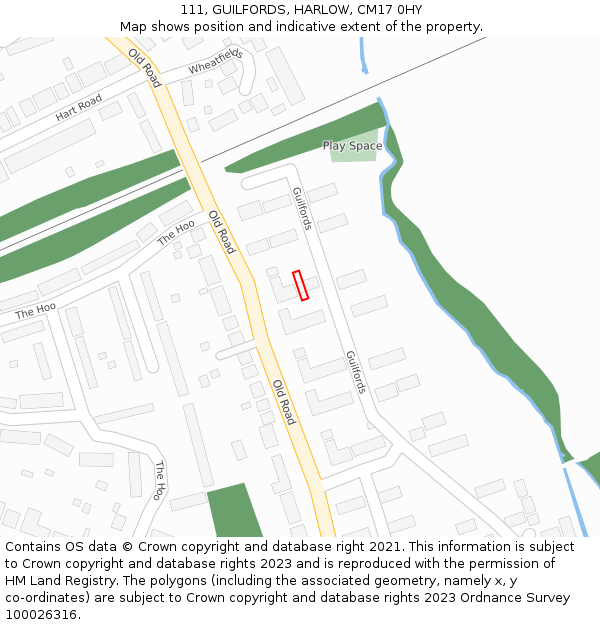 111, GUILFORDS, HARLOW, CM17 0HY: Location map and indicative extent of plot