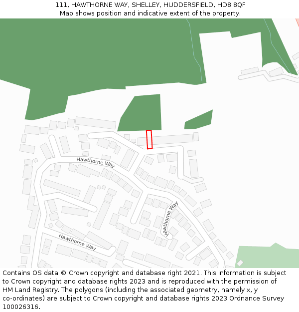 111, HAWTHORNE WAY, SHELLEY, HUDDERSFIELD, HD8 8QF: Location map and indicative extent of plot