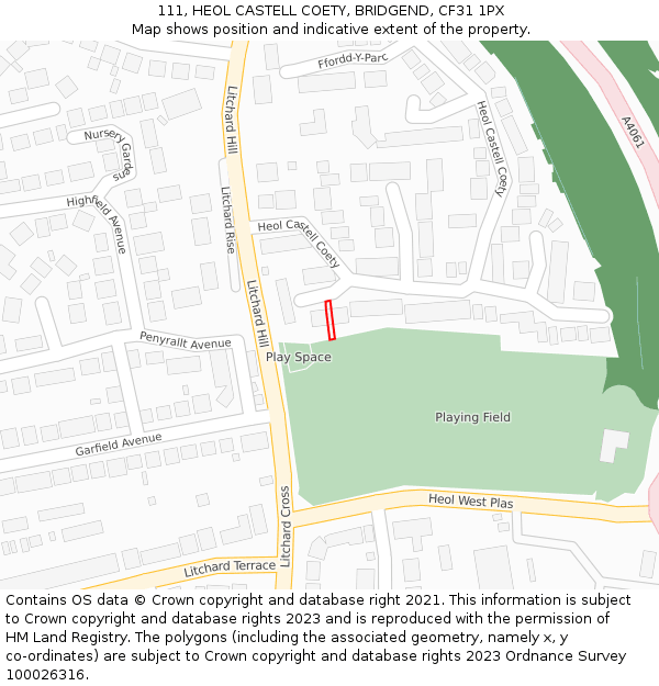 111, HEOL CASTELL COETY, BRIDGEND, CF31 1PX: Location map and indicative extent of plot