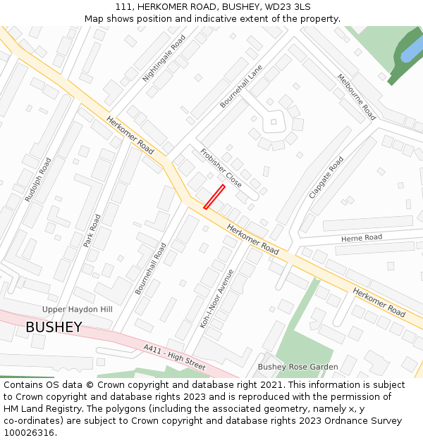 111, HERKOMER ROAD, BUSHEY, WD23 3LS: Location map and indicative extent of plot