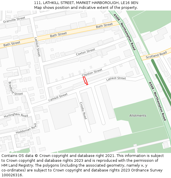 111, LATHKILL STREET, MARKET HARBOROUGH, LE16 9EN: Location map and indicative extent of plot
