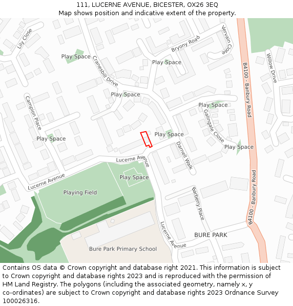 111, LUCERNE AVENUE, BICESTER, OX26 3EQ: Location map and indicative extent of plot