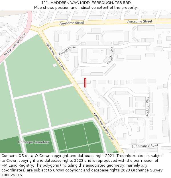 111, MADDREN WAY, MIDDLESBROUGH, TS5 5BD: Location map and indicative extent of plot