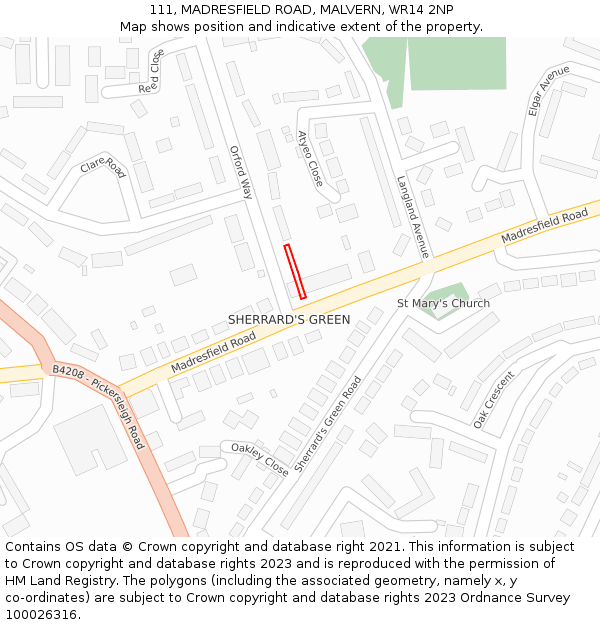 111, MADRESFIELD ROAD, MALVERN, WR14 2NP: Location map and indicative extent of plot