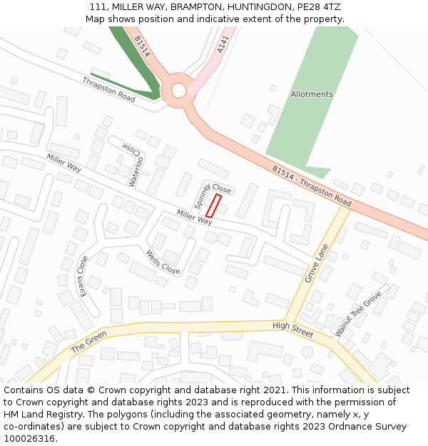 111, MILLER WAY, BRAMPTON, HUNTINGDON, PE28 4TZ: Location map and indicative extent of plot