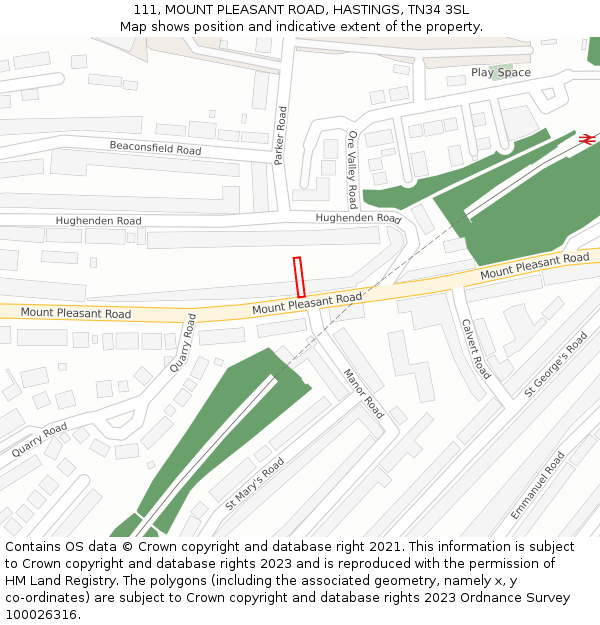 111, MOUNT PLEASANT ROAD, HASTINGS, TN34 3SL: Location map and indicative extent of plot