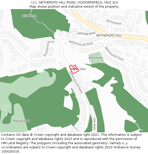 111, NETHEROYD HILL ROAD, HUDDERSFIELD, HD2 2LX: Location map and indicative extent of plot