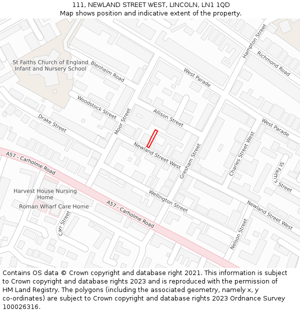 111, NEWLAND STREET WEST, LINCOLN, LN1 1QD: Location map and indicative extent of plot