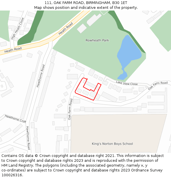 111, OAK FARM ROAD, BIRMINGHAM, B30 1ET: Location map and indicative extent of plot
