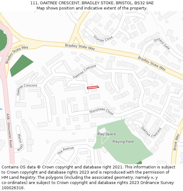 111, OAKTREE CRESCENT, BRADLEY STOKE, BRISTOL, BS32 9AE: Location map and indicative extent of plot