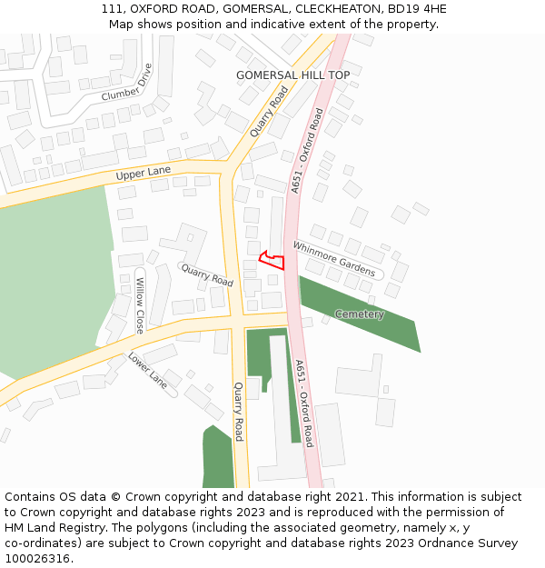 111, OXFORD ROAD, GOMERSAL, CLECKHEATON, BD19 4HE: Location map and indicative extent of plot