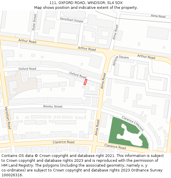 111, OXFORD ROAD, WINDSOR, SL4 5DX: Location map and indicative extent of plot