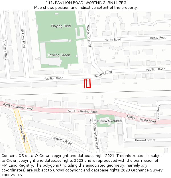 111, PAVILION ROAD, WORTHING, BN14 7EG: Location map and indicative extent of plot