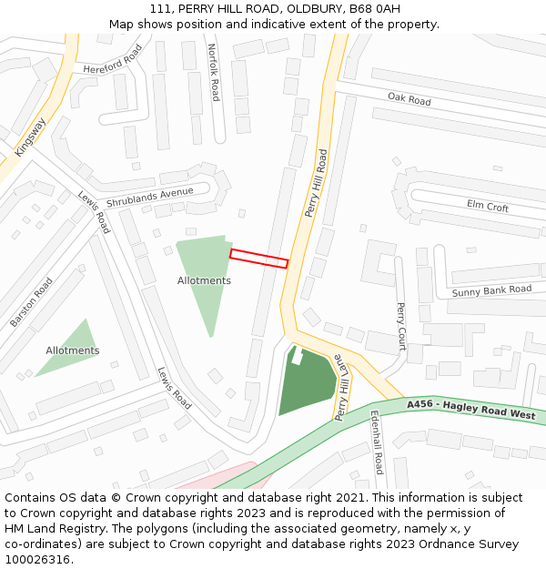 111, PERRY HILL ROAD, OLDBURY, B68 0AH: Location map and indicative extent of plot
