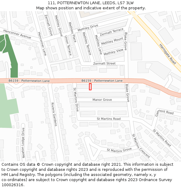 111, POTTERNEWTON LANE, LEEDS, LS7 3LW: Location map and indicative extent of plot