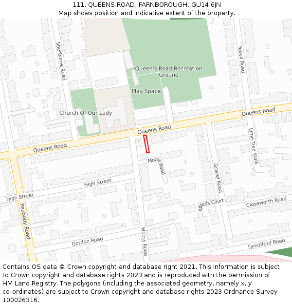 111, QUEENS ROAD, FARNBOROUGH, GU14 6JN: Location map and indicative extent of plot