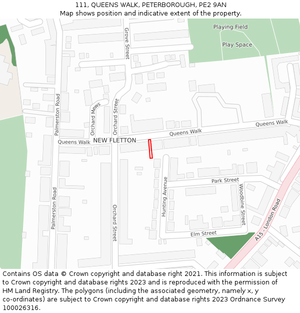 111, QUEENS WALK, PETERBOROUGH, PE2 9AN: Location map and indicative extent of plot