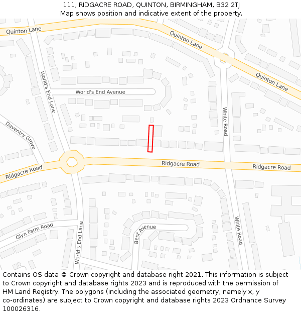 111, RIDGACRE ROAD, QUINTON, BIRMINGHAM, B32 2TJ: Location map and indicative extent of plot