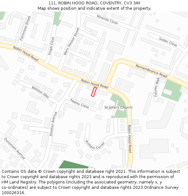 111, ROBIN HOOD ROAD, COVENTRY, CV3 3AY: Location map and indicative extent of plot