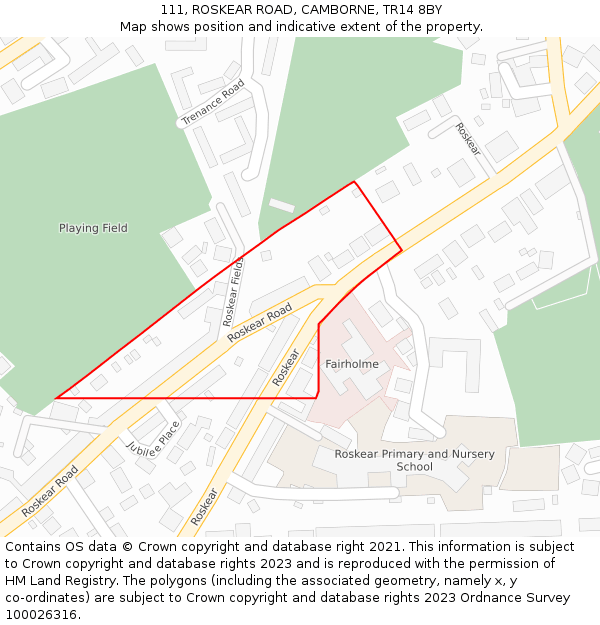 111, ROSKEAR ROAD, CAMBORNE, TR14 8BY: Location map and indicative extent of plot