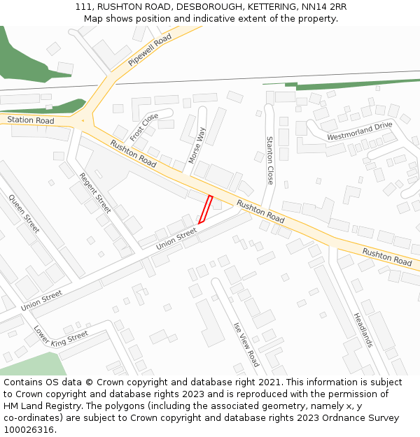 111, RUSHTON ROAD, DESBOROUGH, KETTERING, NN14 2RR: Location map and indicative extent of plot