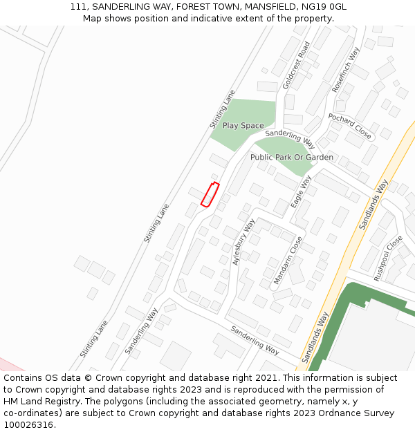 111, SANDERLING WAY, FOREST TOWN, MANSFIELD, NG19 0GL: Location map and indicative extent of plot