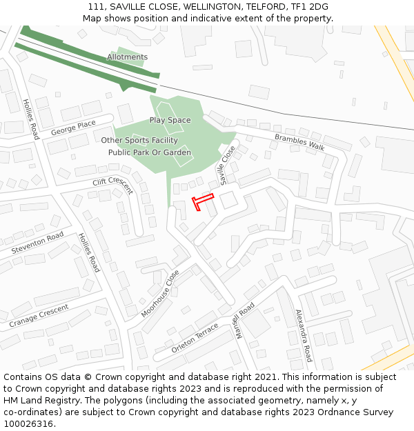 111, SAVILLE CLOSE, WELLINGTON, TELFORD, TF1 2DG: Location map and indicative extent of plot