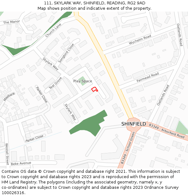 111, SKYLARK WAY, SHINFIELD, READING, RG2 9AD: Location map and indicative extent of plot