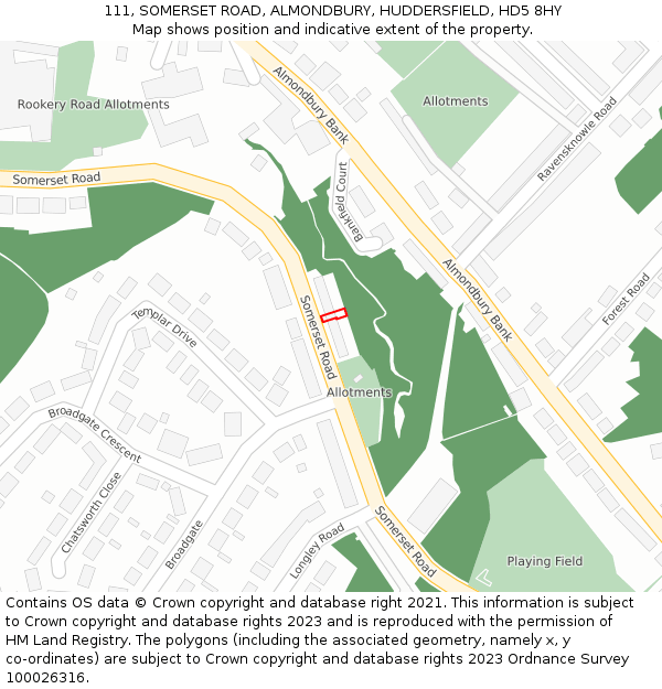 111, SOMERSET ROAD, ALMONDBURY, HUDDERSFIELD, HD5 8HY: Location map and indicative extent of plot